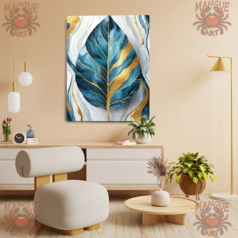 Quadro decorativo arte moderna - Folha com tinta dourada e azul - Tela acetinada. - comprar online