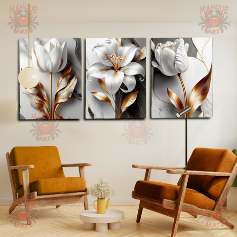 Kit de Quadros Decorativos Trio Floral Lírio e Tulipas - Arte em Tela acetinada - comprar online