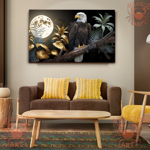 Quadro decorativo Aguia, lua cheia e folhas douradas - Arte em Tela Acetinada