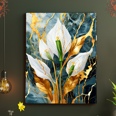 Flor de lírio dourada sobre o mármore - 4 flores - Arte em Tela Acetinada