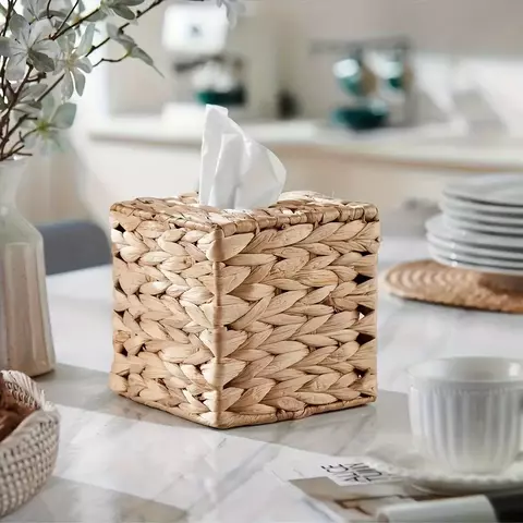 Caixa Porta-Lenços Boho em Fibra Natural com Tampa e Fecho de Pressão