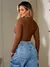 Cropped Top Feminino Com Recorte No Busto Gola Alta Manga Longa Moda Blogueira