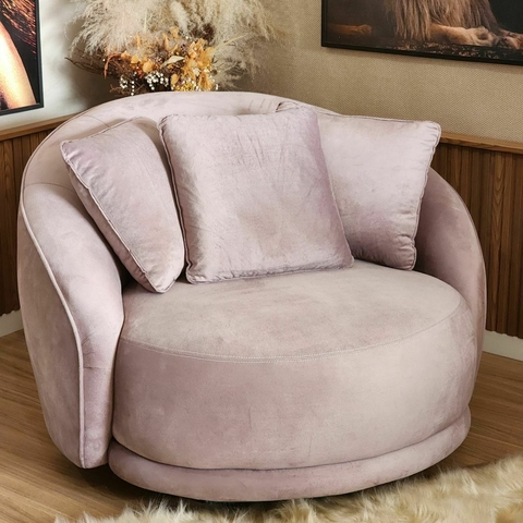 Poltrona Ayla Fixa Pés de Madeira Veludo Rose Redonda, Almofadas, Orgânico - comprar online