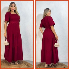Imagem do Vestido Longo feminino Duna Onda manga princesa, com renda na cintura e elastex nas costas