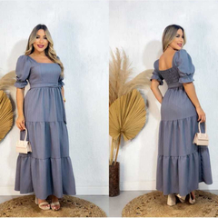 Vestido Longa Tres Marias;Manga Princesa,Com Elastex Nas Costas, e Cinto Folhada - loja online