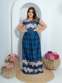 Vestido Longo Azul Florido - Ju Fashion Moda Cristã