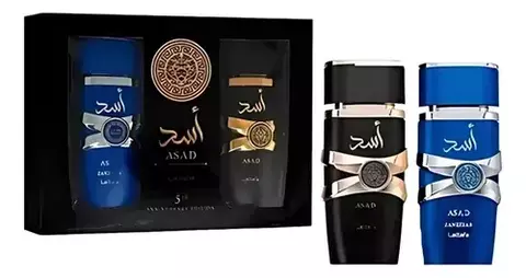 Kit de perfumes Lattafa Asad 100ml e Asad Zanzibar 100ml em frascos azuis e pretos com detalhes dourados e prateados, embalados em caixa preta elegante