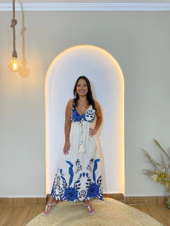 Vestido Azulejo Floral Alça Decote V