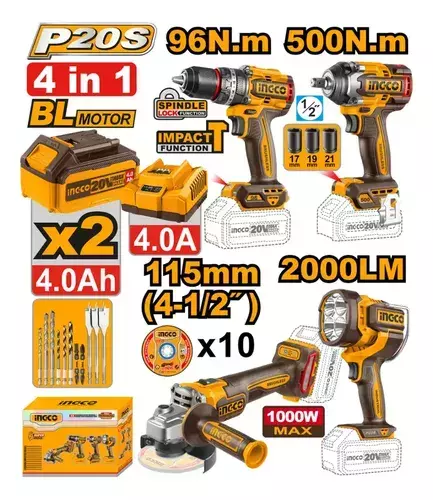 Kit Ingco 4 en 1 - Taladro + amoladora + llave de impacto + linterna