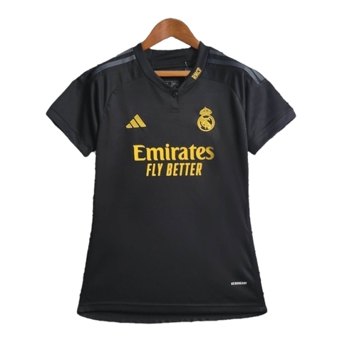 Camisa Real Madrid III 23/24 - Feminina Adidas - Preta com detalhes em cinza