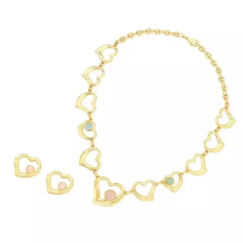 Conjunto Banhado a Ouro 18k Ágata Azul Céu/Quartzo Rosa/Quartzo