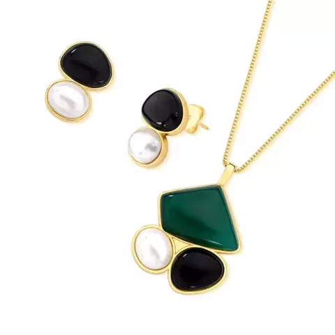 Conjunto Banhado a Ouro 18k Pérola/Ágata Verde/a/Ágata Preta - comprar online