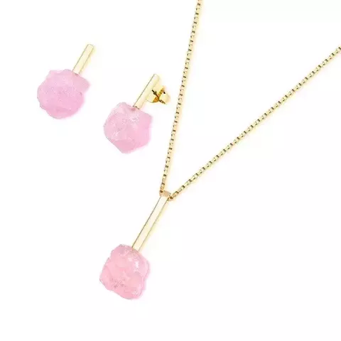 Conjunto Banhado a Ouro 18k Quartzo Rosa