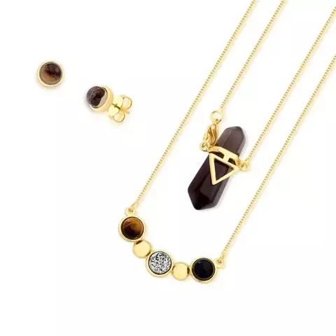 Conjunto Banhado a Ouro 18k Obsidiana Fumê/Olho de Tigre/Titânio/Ágata Preta - comprar online