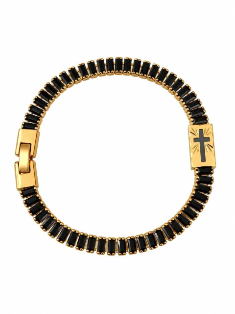 PULSEIRA MASCULINA PRETA COM PLACA DE CRUZ