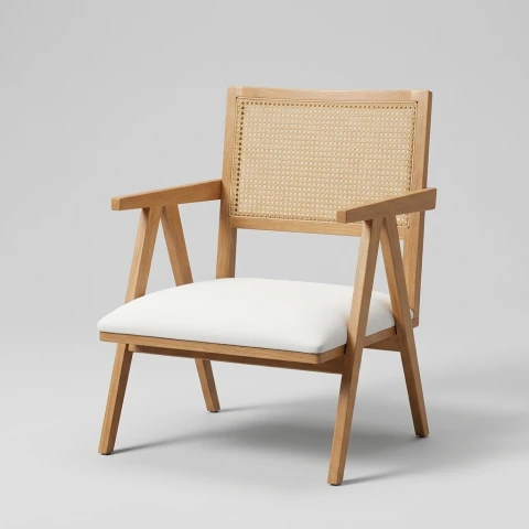 Poltrona Kassia de Madera y Malla de Rattan Natural | Sillón de Acento Mid-Century Modern