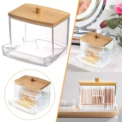 Organize seus cotonetes com estilo! Porta-cotonetes transparente com tampa de bambu — elegante, higiênico e perfeito para deixar sua bancada mais charmosa e funcional!