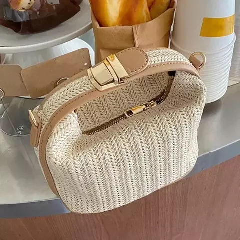 Bolsa de Palha Feminina Verão Yogodlns – Pequena, Tecido Balde, Alça Tote, Praia e Look Casual