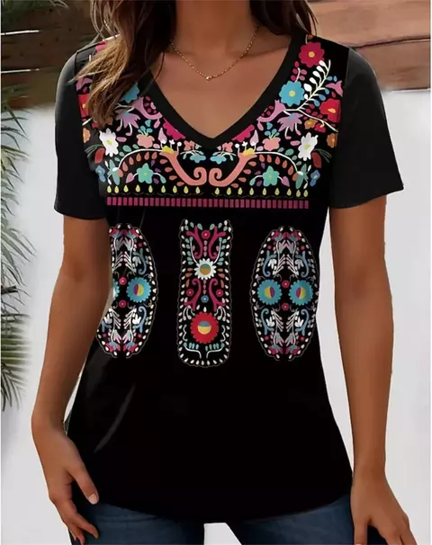 Camiseta Feminina Floral 3D Estilo Vintage – Decote V, Look de Rua e Moda Casual Elegante
