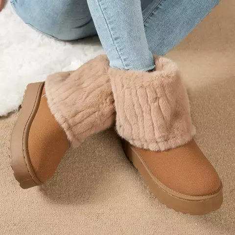 Botas Femininas Inverno 2025 – Dedo Redondo, Forro de Pelúcia, Sola Grossa Antiderrapante, Estilo Casual Confortável
