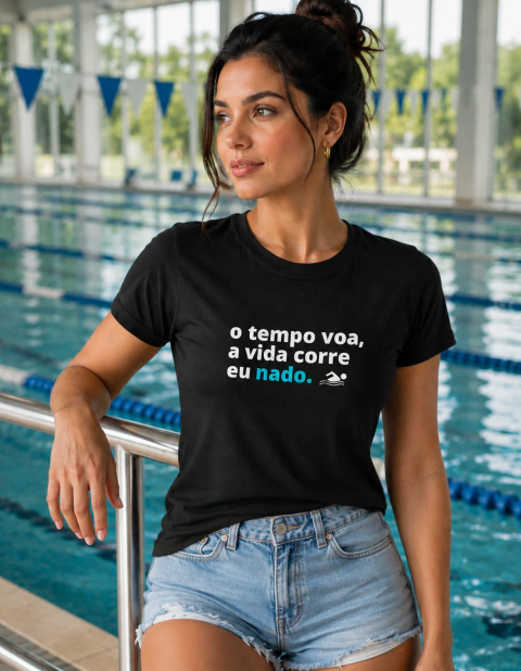Camiseta Baby Look Natação O Tempo Voa, a Vida Corre, Eu Nado - 100% Algodão Premium
