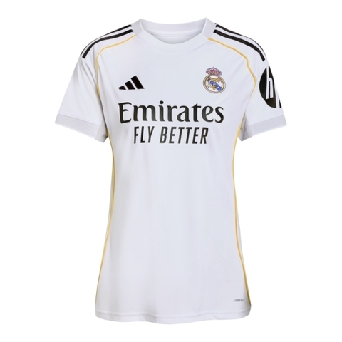 Camisa Real de Madrid I 25/26 - Torcedor Adidas Feminina - Branca com detalhes em cinza e amarelo