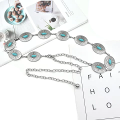Cinto Feminino Metal Correntaria com Pedrarias Azul Turquesa Boho Chic