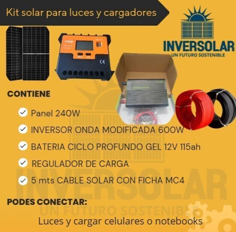 Kit Solar inversor 600W + Regulador + Panel solar 240W + Bateria ciclo profundo gel + accesorios