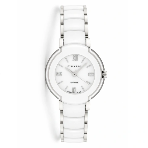 Reloj Dmario Mujer CS0180L Blanco Acero Inoxidable con Cerámica Cristal Zafiro Swiss Movt Elegante