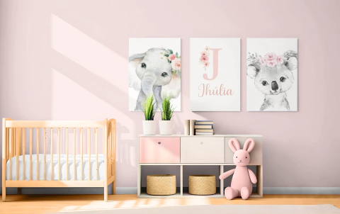 Trio de Placa Infantil Elefante e Coala Personalizável