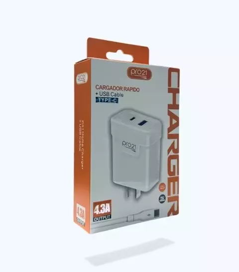 Cargador Pro21 4.3A USB +USB TIPO-C con cable Tipo-C desmontable