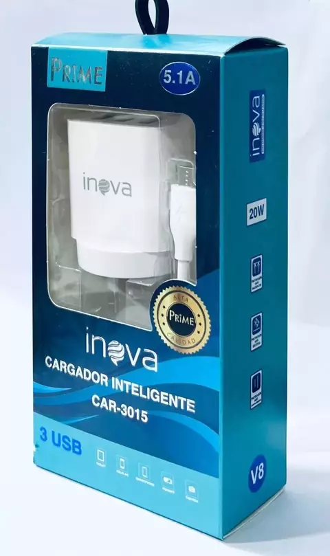 Cargador Inova 20W 5.1A TURBO V8 3 USB can Cable desmontable