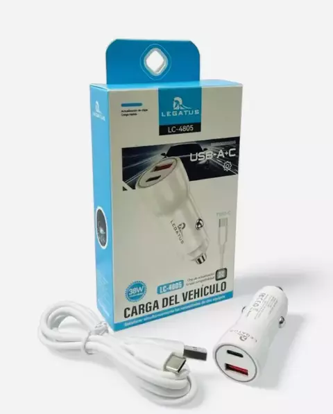Cargador de auto USB+C Con Cable Tipo C 38W Carga Rapida LEGATUS LC-4805