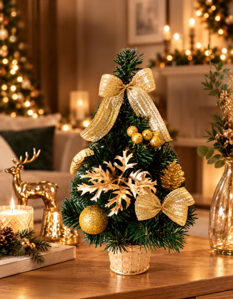 Mini Árvore Natal Dourada Enfeite Natalina Pinhas Laços 30cm