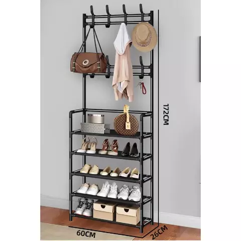 Cabide Simples de Cinco Camadas com Sapateira – Organização, Estilo e Grande Capacidade para Sua Sala de Estar (Cor: Cinza Claro)