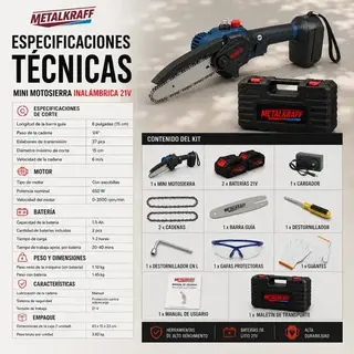 Motosierra Inalámbrica Metalkraff 21V - 2 Baterías 2 Cadenas - tienda online