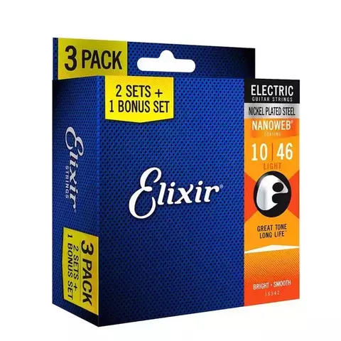 Pack 3 Encordoamento Elixir Guitarra 10/46 Nanoweb (16643) - 16542 (Selo IZZO)
