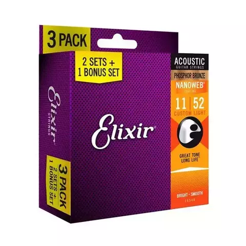 Pack 3 Encordoamento Elixir Violão Aço 11/52 Phosphor Bronze - 16544 (Selo IZZO)