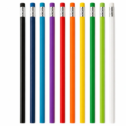 Lápis HB com borracha na extremidade em diversas cores alinhados em fundo branco