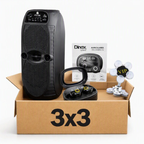 Combo Sonido 3x3: Parlante Portátil + Auriculares Inalámbricos + Soporte de Celular