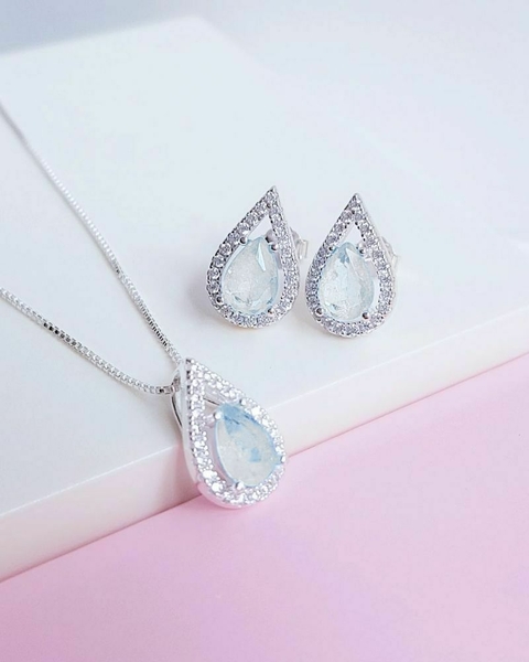 Conjunto Colar e Brinco Gota com Zircônia Cravejada em Prata 925