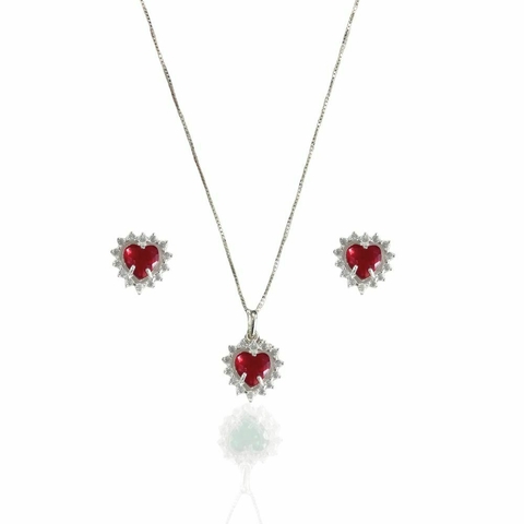 Conjunto Coração Zircônia com Borda Cravejada em Prata 925