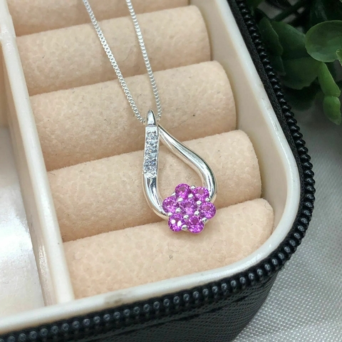 Corrente de Prata 925 com Pingente Flor e Zircônia Rosa