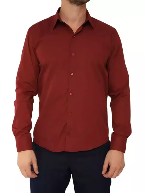 Camisa Social Masculina Manga Longa Slim Vinho