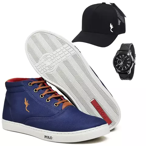Tenis Masculino Casual Cano Alto Combo Com Relógio e Boné Preto Leve do 37 ao 46
