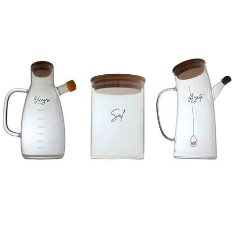 Kit Vidro Gourmet – Azeite, Vinagre e Sal com Tampa de Bambu