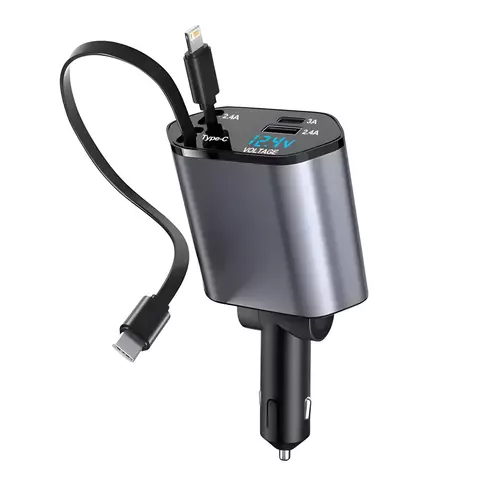 Carregador de carro de carga rápida, cabo telescópico 4 em 1