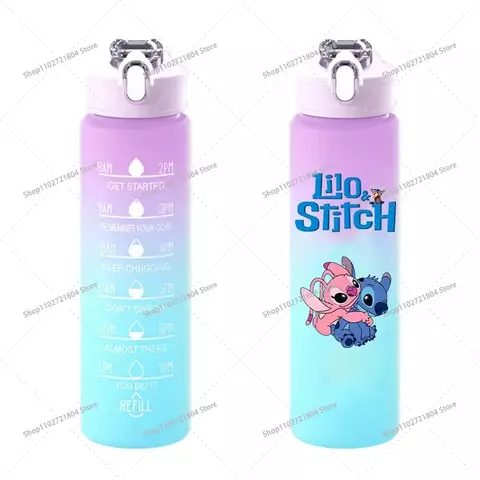 1l disney stitch garrafa de água esportiva com marcador de tempo copo à prova