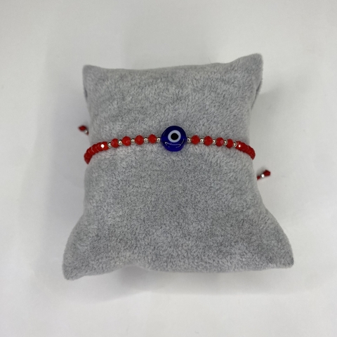 Pulsera Roja Cristales Pelotitas de Plata y Ojo Turco