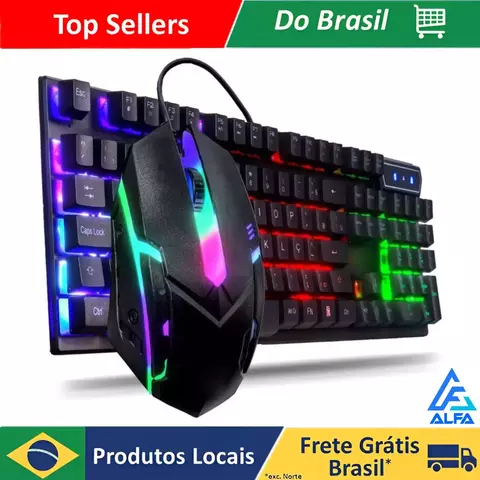 Kit Gamer Teclado Semi Mecânico + Mouse 3200dpi USB com LED RGB